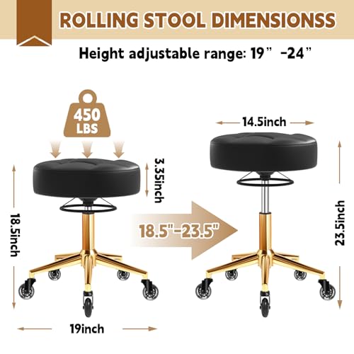 Image of Rolling Stool Heavy Duty 450lbs - Reinforced with Golden Alloy Steel, Super Soft Thick Cushion, 360 Swivel, Smooth Rolling NO Noises, Adjustable Stool with Wheels for Massage Tattoo Spa, (Black)