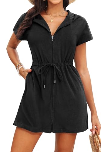 Yonique Frottee-Überzug – Badeanzüge mit Kapuze aus Baumwolle, mit Reißverschlusstaschen, Strand-Badeanzüge, Schwarz, Medium