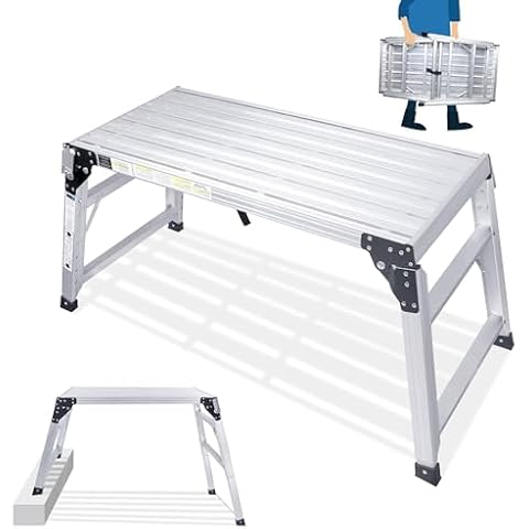 ORIENTOOLS Adjustable Work Platform, (39.4" X 18.5") Portable Folding Aluminum Step Ladder, Scaffolding Platform of Capacity 330 LBS Heavy Duty, 7 Gear Adjustable Height 24 to 35 inches Cover