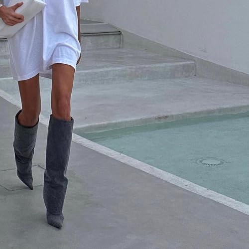 Women's Leather Knee High Boots Fold Over Long Boots For Women Pointed Toe Stiletto Heel Dress Boot For Ladies Nude 6