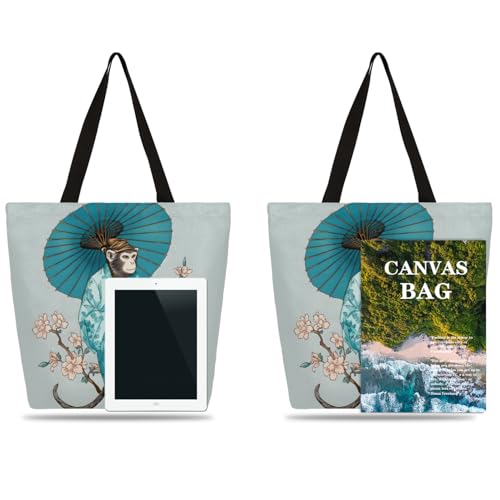 Watercolour Tree Branch Flower Monkey Umbrella Large Capacity Canvas Tote Bag Stylish Handheld Shoulder Bag Reusable Shopping Bag for Work Travel Beach Trips Shopping4