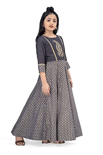 Image of Fashion Dream Girls Crepe Silk Maxi Length Foil Printed Dress|Maxi Dress|Long Dress|Printed Dress|Foil Printed Dress(Grey 7-8 Year)