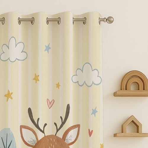 Image of STITCHNEST Velvet Kids Curtains Pack of 1 | Cartoon Deer & Forest Print | Semi Blackout Curtains for Nursery, Baby & Toddler Room | 7 Feet