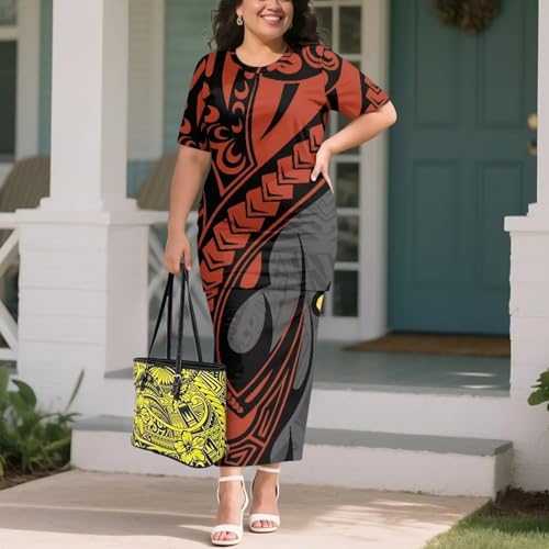 Image of Puletasi Samoan Traditional 2 Piece Outfits for Women Short Sleeve Crop Top and Maxi Skirt Sets Puletasi Dress