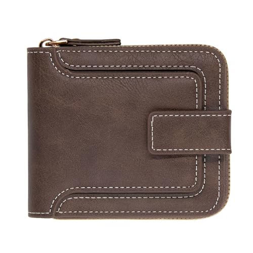 LJCZKA Zipper Leather Wallet for Men Large Capacity Bifold Credit Card Holder Coin Cash Purse with Flap ID Window (Brown)
