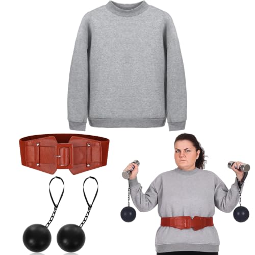 Breathffy 5 Pcs Halloween Strict Miss Headmaster Costume Sets Adult 1970s Vintage Grey Headmistress with Brown Weight Lifting Belt Grey Hoodie Hammer Throw Props and Mesh Bag for Women Cosplay