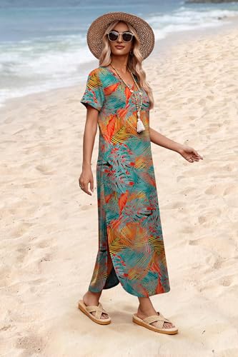 WIHOLL Shirt Dresses for Women 2026 Vacation Casual Maxi Hawaiian Midi Dress V Neck Cruise Outfits for Women Floral L
