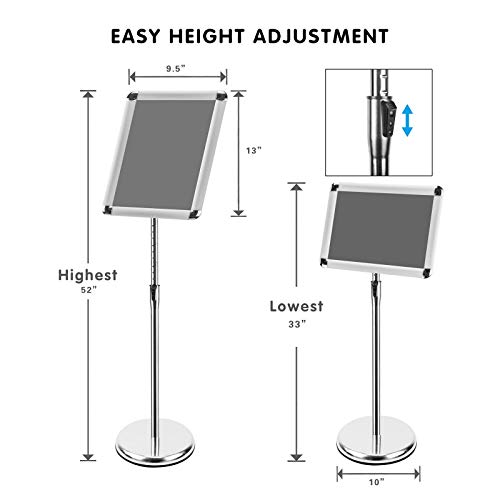 ZEGNEER Adjustable Sign Holder Stand, Sign Stand with Base, Floor Sign for Display/Poster/Business/Shows/Restaurant/Store, Snap Open Frame, Aluminum, Sliver (8.5" x 11")