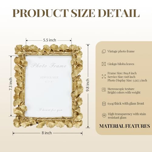6x8 Picture Frame Gold, Vintage Ornate Leaf Textured Hand-Crafted Resin with Glass Front Antique Photo Frame for Tabletop Display, Retro Design Home Decor