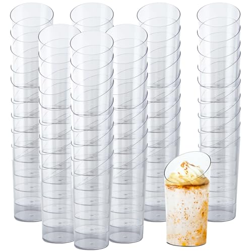 Oungy 150 mini vasos de postre en ángulo, vasos de postre redondos de 70 ml, vasos de postre transparentes de plástico reutilizables para servir postres, aperitivos, mousse