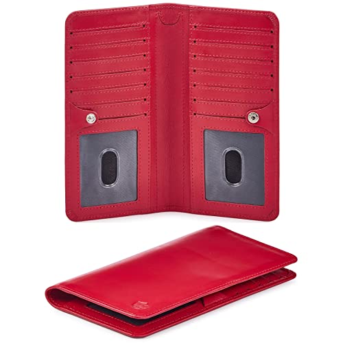 Wallet for Men Women Real Leather Long Bifold RFID Blocking Slim Stylish Credit Card Case Pen Holder with 2 ID Windows in Gift Box (Nappa, Red)