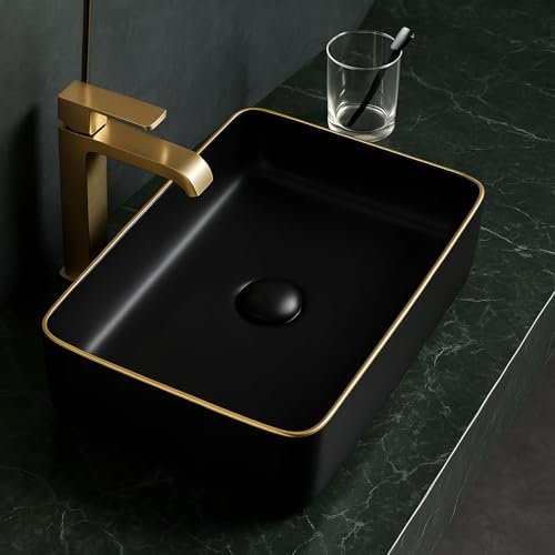 Image of OSOSAM Designer Ceramic Countertop Vessel Sink for Bathroom | Premium Matte Black Table Top Wash Basin for Home, Hotel & Vanity Spaces | 24 x 14 x 5.5 Inch