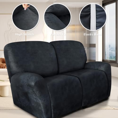 Image of ANARACHON Leather Look Loveseat Recliner Covers Stay in Place 6-Piece Recliner Sofa Slipcover 2 Seater Reclining Couch Cover Furniture Protector Washable (Recliner Loveseat, 02Navy Blue)