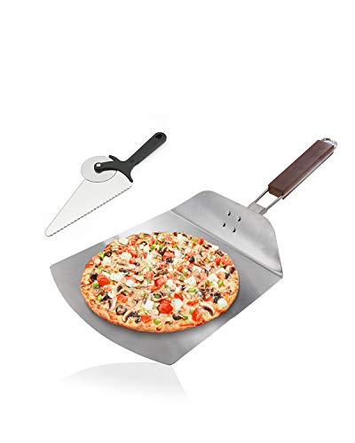 10 Inch Aluminum Pizza Peel, Metal Pizza Spatula Paddle with Foldable Wood Handle and Pizza Cutter for Baking Homemade Pizza and Bread