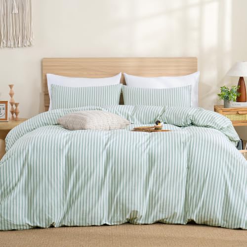 Image of TOCOMOA Sage Green Striped Duvet Cover Set Washed Cotton Like Linen, King | 100% Washed Cotton Linen-Like Feel Soft, Breathable & Comfy. Lightweight Bedding Set with Zipper & 8 Ties. 3 Pcs, No Insert