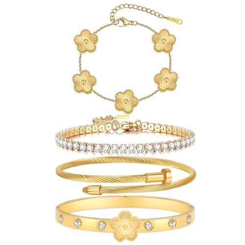 Gold Plated Bracelet Set, 4-Piece Floral Tennis Bracelet Collection with Crystal Rhinestones, Twisted Cable Bangle, Adjustable, 7.5 Inches