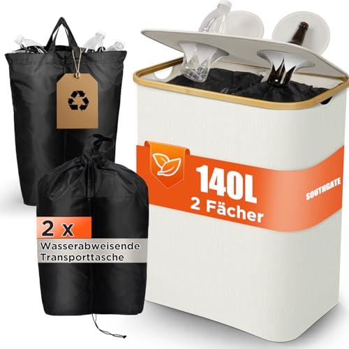 SOUTHGATE Pfandflaschen Sammelbehälter 2 Fächer, 140L Pfandbehälter, Leergut & Altglas Aufbewahrung mit Loch [inkl. 2 XXL Tragetasche], Faltbar Mülleimer mit...