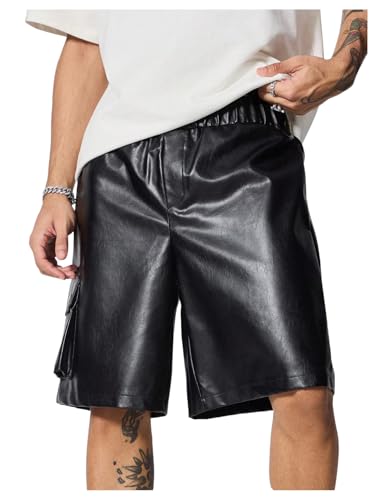 BEAUDRM Men's PU Leather Cargo Shorts Y2k Punk Wide Leg Baggy Streetwear Shorts with Pockets Black Large