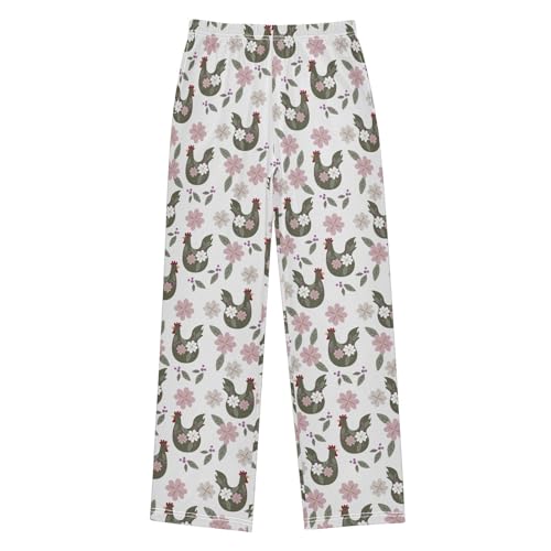 ZZXXB Cock with Flowers Boys Long Pants Soft Trousers Elastic Waist Kids Lounge Bottoms with Pockets S-XL