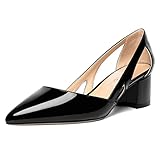 MOVINSTEPS Women's Cut Out Patent Cute Slip On Chunky Block 2 Inch Pointed Toe Dating Low Heel Pumps Shoes Black Size 10 - Zapatos de Mujer de Vestir Tacon Bajo