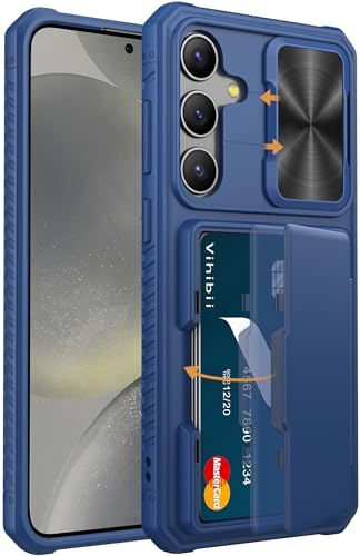 Image of Vihibii for Samsung Galaxy S24 Plus Back Cover with Card Holder (4 Cards) & Slide Camera Cover & Kickstand, Hard Case for Galaxy S24 Plus, Blue