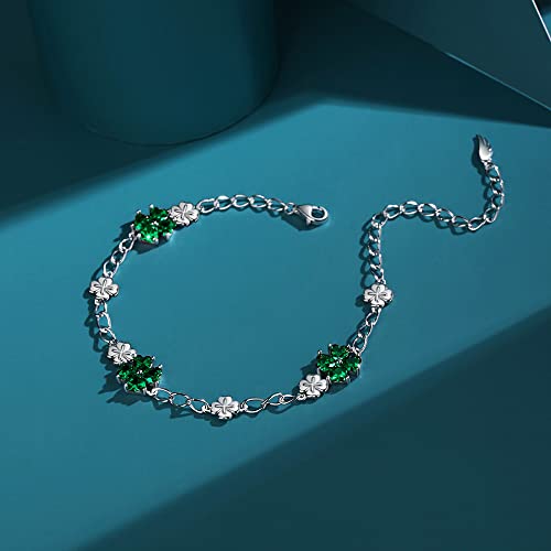 Image of JIANGXIN Lucky Four leaf clover 925 Sterling Silver Birthstone Chain Link Bracelet for Women Gemstone Jewelry Shamrock Birthday Gift 16+4cm