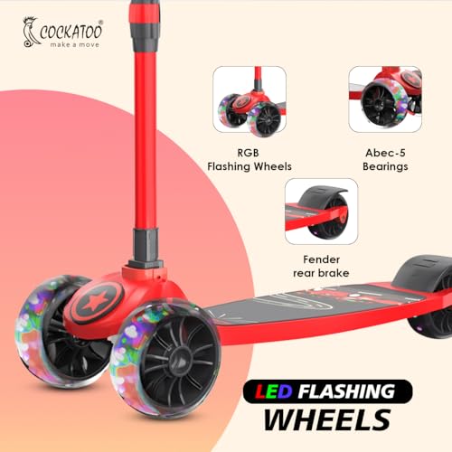 Cockatoo Rocket Racer LED Scooter for Kids 3-12 Years, Kids Scooter with 40MM Led Lights in PP+PU Wheel, 4 Adjustable Height Scooter, Up to 50 Kg Weight Capacity Red - Image 3 thumbnail