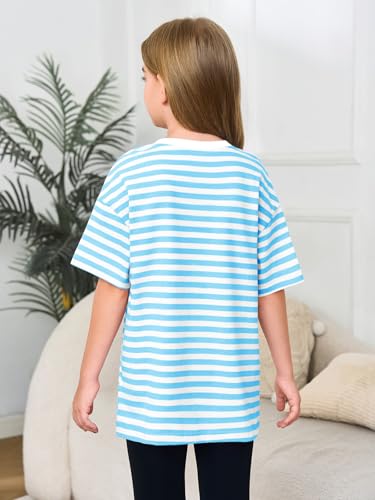 Image of Haloumoning Girls Striped Short Sleeve T Shirts Kids Summer Oversized Tops Casual Crewneck Tees 5-14 Years