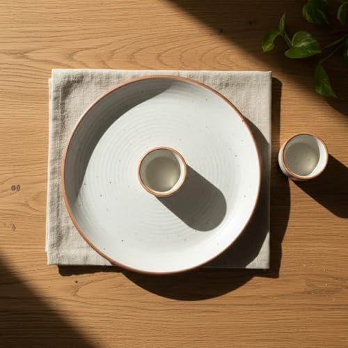 Image of Freakway 3-Piece Ceramic Dinner Set, Speckled White Stoneware with 1 Dinner Plate and 2 Dipping Bowls