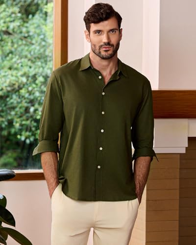 Kallspin Men's Linen Cotton Button Down Shirt Long Sleeve Casual Lightweight Breathable Summer Beach Shirt3