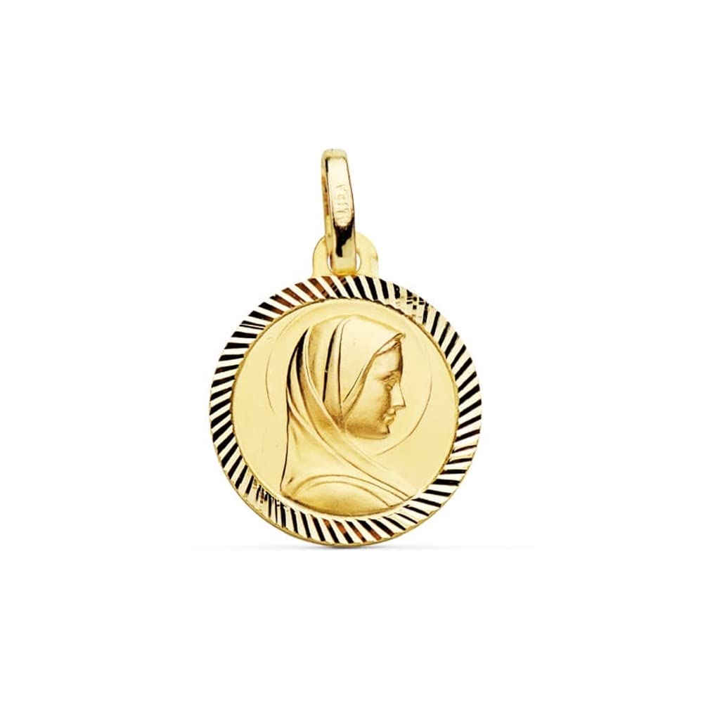 Virgen Niña Francesa medalla oro 18k Primera Comunión colgante 14mm. bisel estriado - Personalizable - GRABACIÓN INCLUIDA EN EL PRECIO