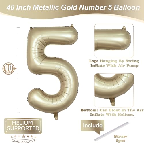 Image of Metallic Gold 5 Balloons, 40 Inch Giant Light Gold Mylar Foil Number 0-9 Helium Balloon for Girls Boys, Self Inflating Champagne 5th Birthday Balloon for Women Anniversary Party Decorations Supplies