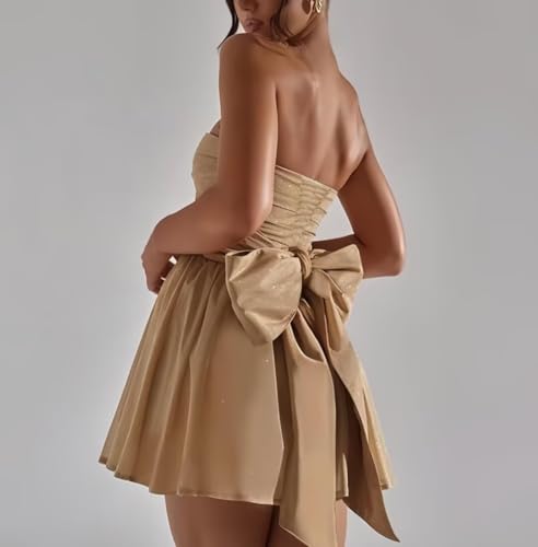 Glitter Tulle Homecoming Dresses Strapless Pleated A Line Short Prom Dress Mini Cocktail Party Gowns with Bow Back3