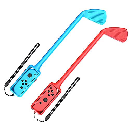 Switch Golf Club, 2 Pack Set, Controller Handle Grip with Hand Strap, Accessories Kit Compatible with Nintendo Switch Game Mario Golf: Super Rush, Golf Club for Nintendo Switch Joy-Con, Red and Blue