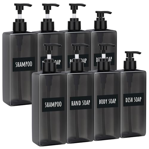 Image of Segbeauty 16.9oz Refillable Bottles, 8pcs 500ml Shampoo and Conditioner Set with Labels, Gray Empty Shampoo Body Soap Conditioner Pump Bottle Dispenser Plastic Bathroom Press Lotion Dispenser