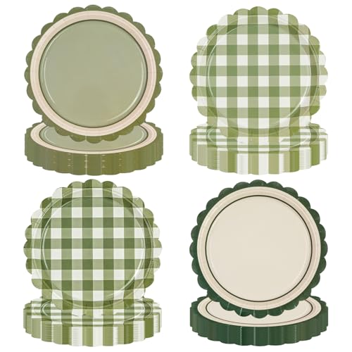 EVYIENEN Lot de 48 assiettes en carton jetables avec motif à carreaux - Vichy vert sauge - Bord ondulé - Pour fête prénatale, mariage et fêtes à thème