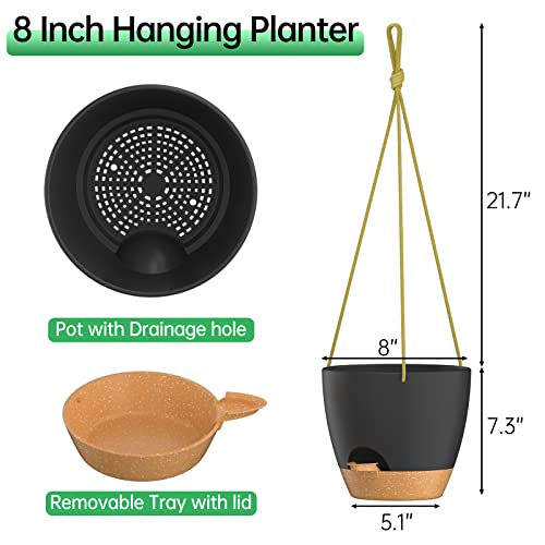 ZMTECH 20cm Hanging Planters with Watering Inlet 8 Inch Self Watering Plant Pot with Drainage Holes and Removable Saucer Plastic Flower Pot for Indoor Outdoor Plants (Black) - Image 2