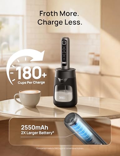 Image of DREO Handheld Milk Frother with Cup - 4-Model Settings for Latte Art-Level Microfoam 2550mAh Battery for 180+ Coffee & Drinks, IPX7 Waterproof, Fast Hands-Free Frothing, Easy-Clean, Black