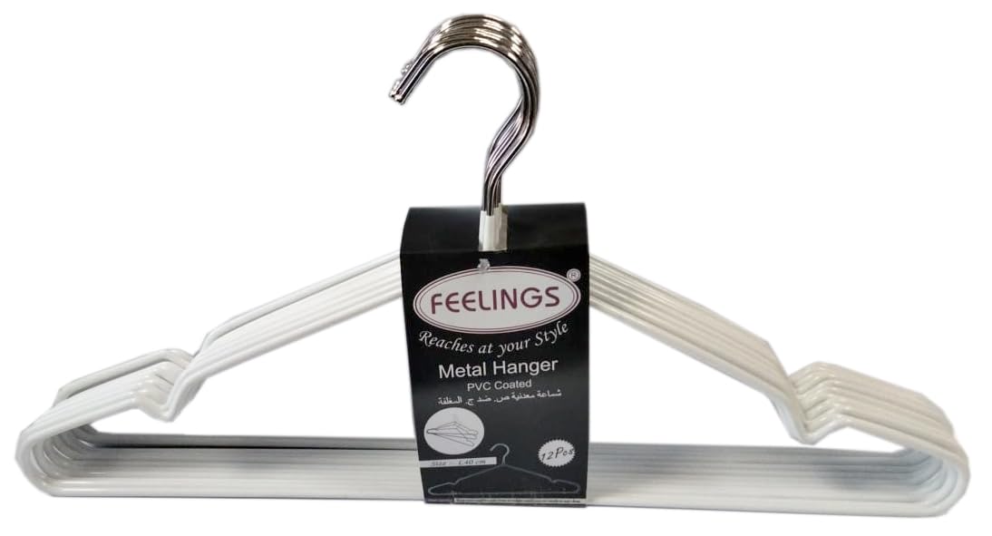 FEELINGS Metal Hanger Pvc Coated White 12Pcs Hangers For Wardrobe, Cloth Display Rack For Space Saving Closet Storage Organizer, Plastic Clothes Hanger Set 40Cm