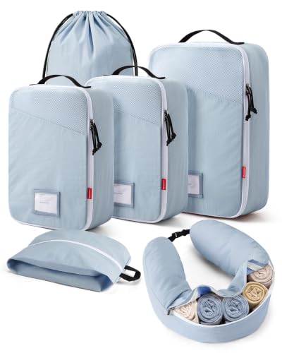 BAGSMART 6 Set Packing Cubes for Travel with Budget Airline Neck Pillow