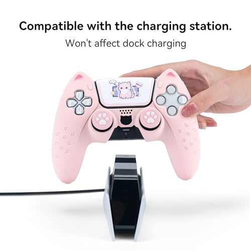 Image of GeekShare Cute Cat Paw Protective Skin Set for ps5 Controller, Anti-Slip Silicone Cover Case Compatible with ps5 Wireless Controller Includes 2 Thumb Grip Caps and 1 Sticker - Pink