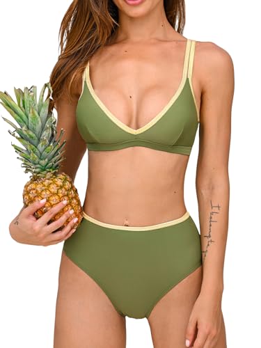 CUPSHE Women's Bikini Sets High Waisted Two Piece Swimsuit V Neck Color Block Full Coverage Bathing Suit Lace Up Back