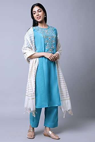 Image of Aurelia Women Solid Silk Kurta Set with Palazzo & Dupatta