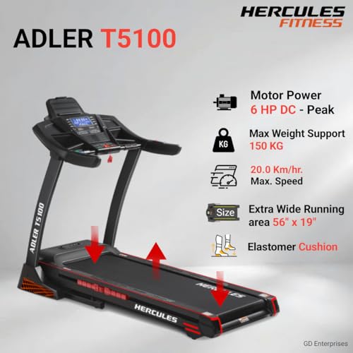 Image of Hercules Fitness T5100 6.0 HP Peak DC Motorized Foldable Treadmill | 15 Level Auto Incline | MP3 Player Available | Max Speed 20 Km /Hr | Max User Weight 140 Kg