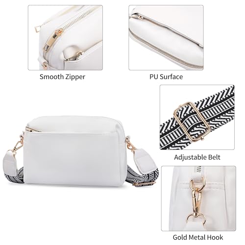 Image of VOROLO Crossbody Bag Small Leather Triple Zip Crossbody Purse Shoulder Bag with Ajustable Strap for Women White with Rope