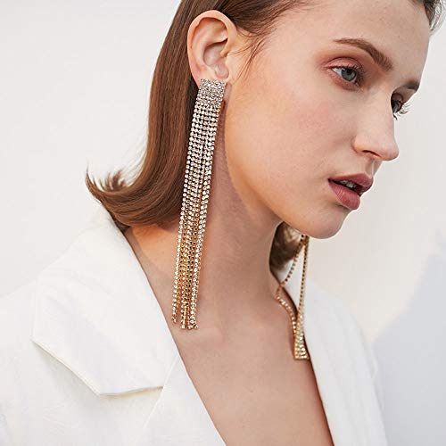 Fxmimior 2555 Fashion Women Long Rhinestones Tassel Earrings Gold Bohemian Long Chain Drop Dangle Earrings Jewelry thumb #1
