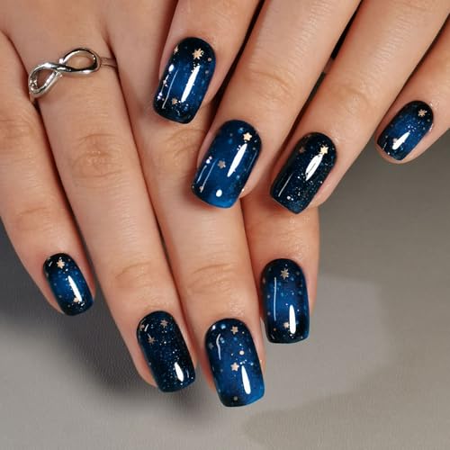 Image of CurvLife Shrot Square Press On Nails, Starry Sky Black, Soft Gel