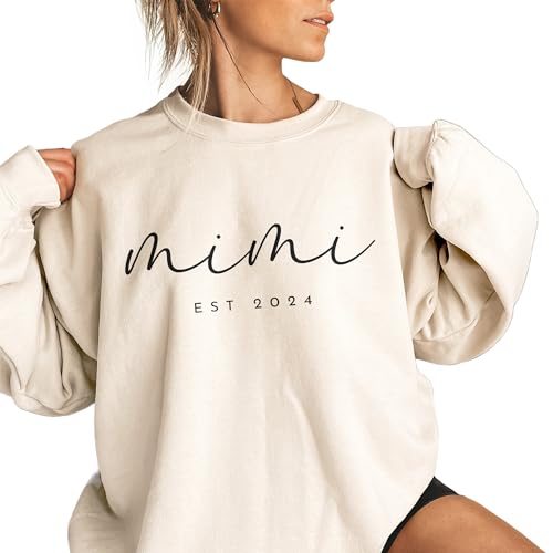 Personalized Mimi Sweatshirt, Custom Gifts For Women, Mimi Est Year Sweater, Mother's Day Shirt, Pregnancy Announcement Gift, Long Sleeve Unisex Crewneck Sweatshirt Sand