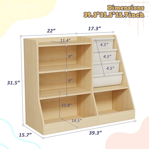 39" Large Kids Wooden Bookshelf and Toy Storage Organizer, Baby Bookcase with Sling Book Rack, Children Toddler Wooden Book Shelf for kids rooms, Playroom, Classroom, Nursery, School (Natural) - Image 3