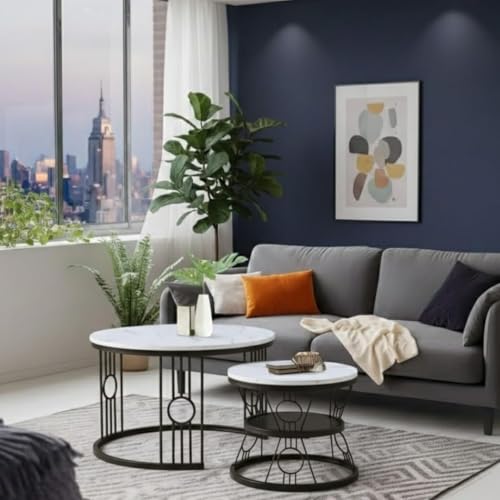 Image of Modern Nested Coffee Table Set of 2 | Round Marble Finish Tabletop with Metal Base | Luxury Center Table for Living Room, Lounge & Office (Ring Black White)